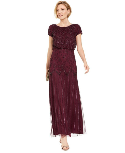 Women's Beaded Short-Sleeve Sheer-Overlay Gown