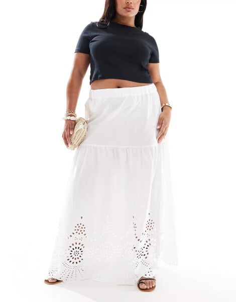 ONLY Curve embroidered tiered maxi skirt in white