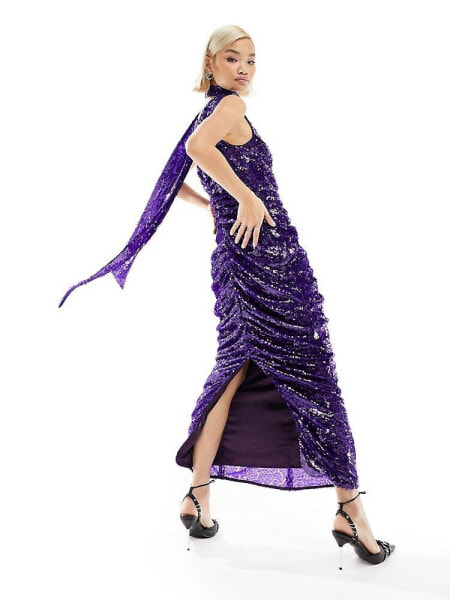 Labelrail x Dyspnea drape detail sequin maxi dress in purple