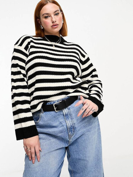 Threadbare Plus Kinsley high neck oversized jumper in monochrome stripe