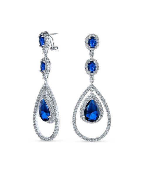 Art Deco Style Wedding Simulated Blue Sapphire AAA Cubic Zirconia Double Halo Large Teardrop CZ Statement Dangle Chandelier Earrings For Women Bridal Party Silver Plated