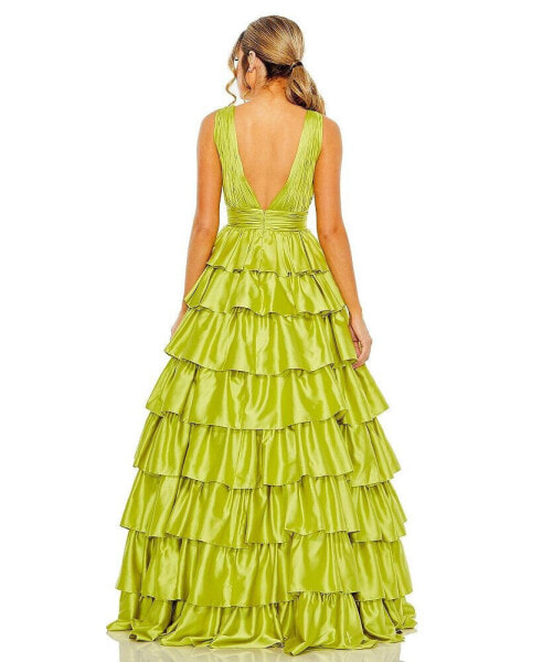 Women's Ruffle Tiered Pleated Sleeveless V Neck Gown