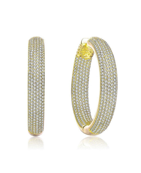 RA Rhodium Plated Clear Round Cubic Zirconia Pave Hoop Earrings