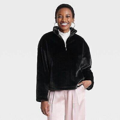 Women's Faux Fur Quarter Zip Sweatshirt - A New Day Black L