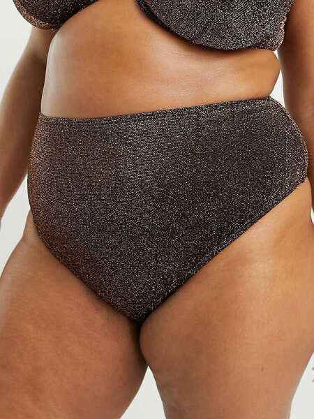 South Beach Curve Exclusive high waist bikini bottom in brown metallic