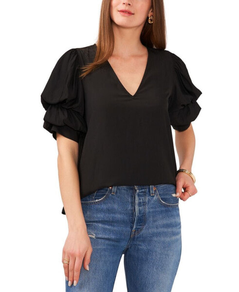 Women's V-neck Tiered Bubble Short-Sleeve Top