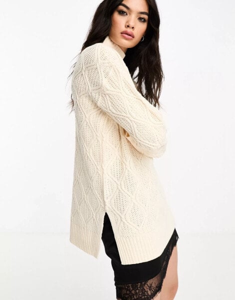 Brave Soul roll neck diamond knit jumper in cream