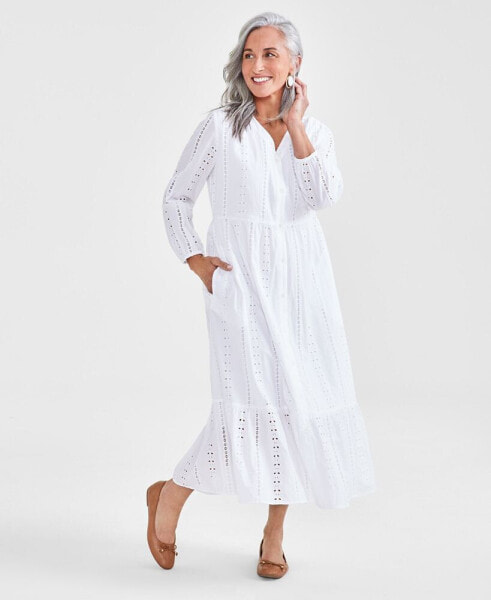 Petite Cotton Tiered Eyelet Midi Dress, Created for Macy's