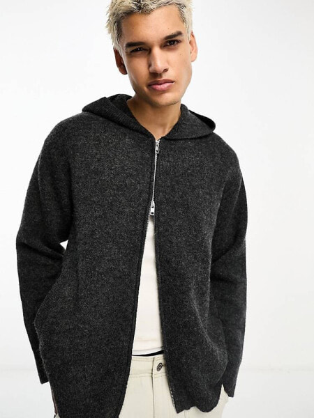 Weekday Logan oversized zip through cardigan with hood in dark grey