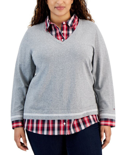 Plus Size Plaid Layered-Look Cotton Sweater