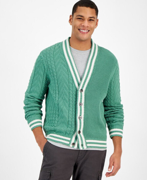 Men's Regular-Fit Mixed-Stitch V-Neck Varsity Cardigan, Created for Macy's