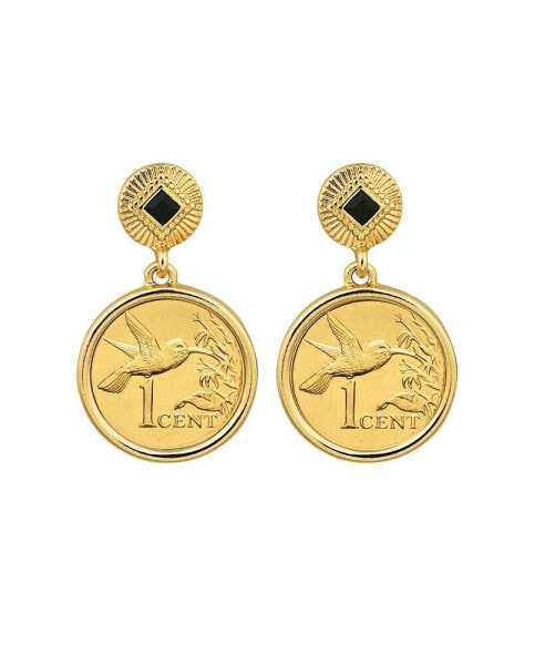 17092 Gold Layered Hummingbird Coin Goldtone Art Decor Earrings with Black Stone, Gold