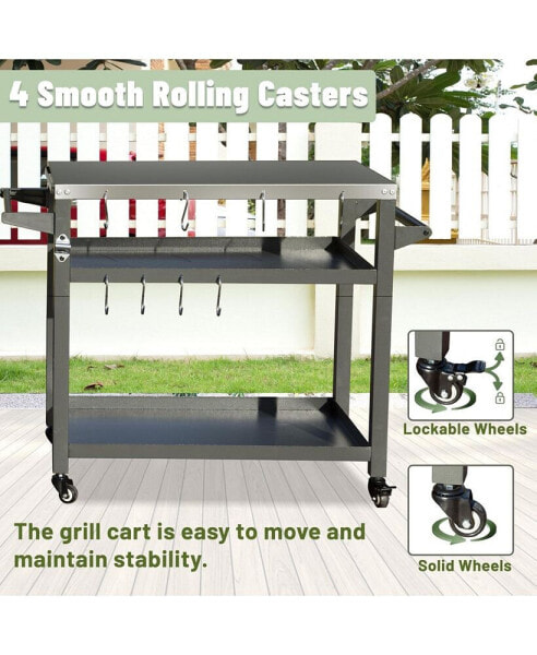 Rust-Proof Outdoor Grill Table with Extra Tool Hooks and Wheels