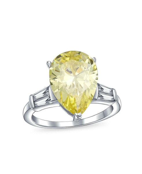 Bridal Wedding 7CT Canary Yellow CZ Pear Shaped Brilliant Cut Solitaire Teardrop Engagement Ring Sterling Silver Cubic Zirconia Baguette Side Stones