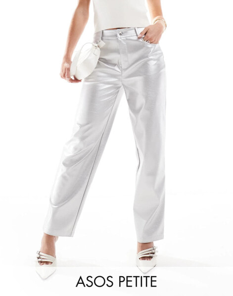 ASOS DESIGN Petite faux leather straight leg trousers in silver