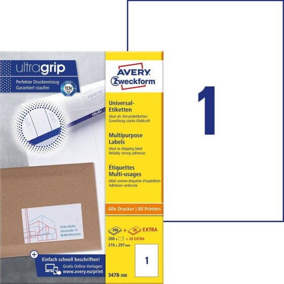 Avery Zweckform Avery 3478-200 - White - A4 - Paper - 210 mm - 297 mm - 200 pc(s)