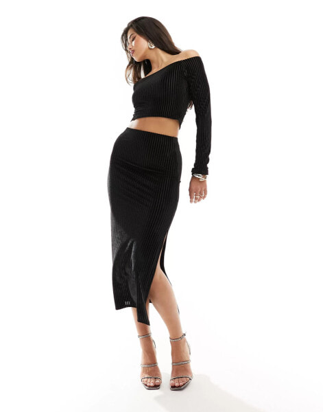 ASOS DESIGN velvet rib midi pencil skirt in black co-ord