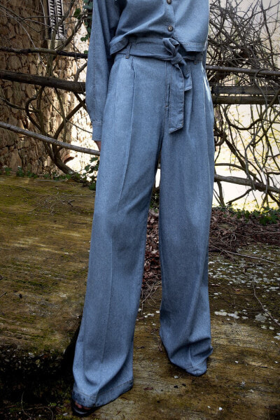 Denim-effect paperbag wide-leg trousers