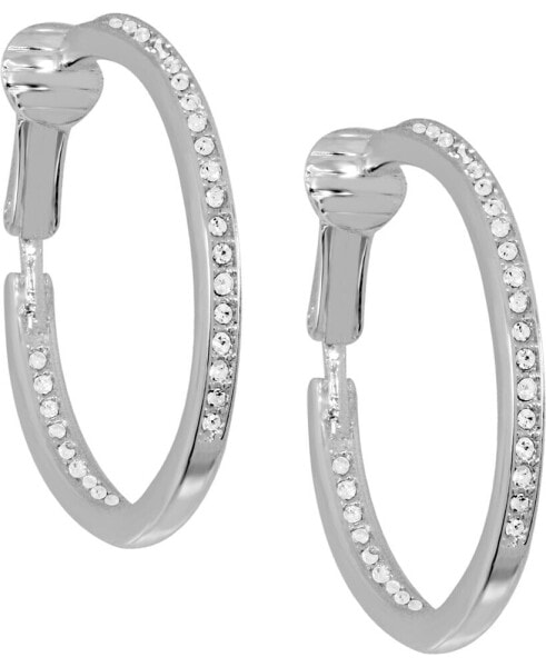 Cubic Zirconia Medium In & Out Clip-On Hoop Earrings in Silver-Plate, 1.18"