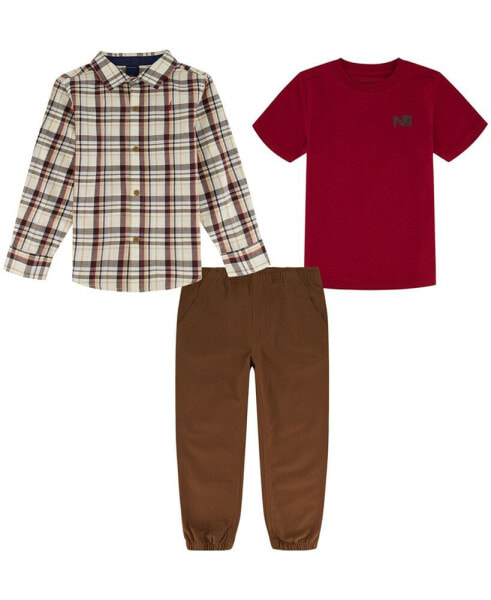 Baby Boys T-shirt, Long Sleeve Plaid Shirt and Twill Joggers, 3 Piece Set