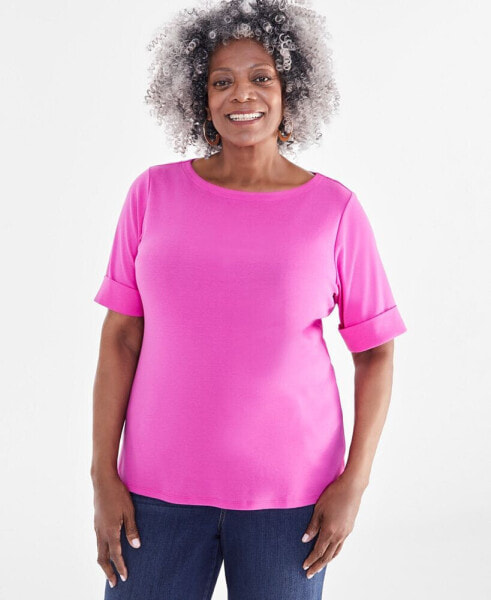 Women's Boat-Neck Elbow Sleeve Cotton Top, XS-4X, Created for Macy's