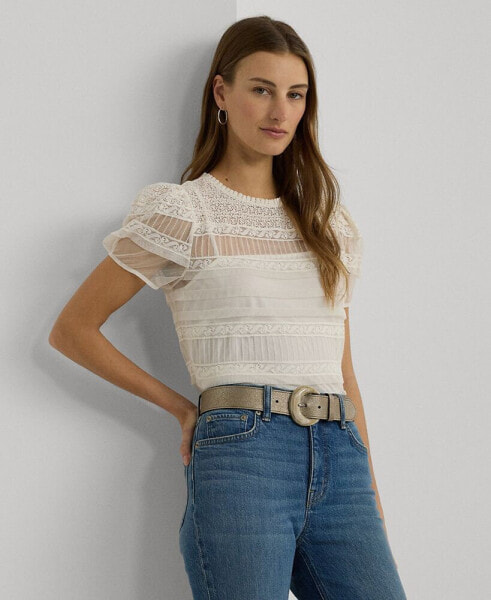 Petite Lace & Mesh Puff-Sleeve Top