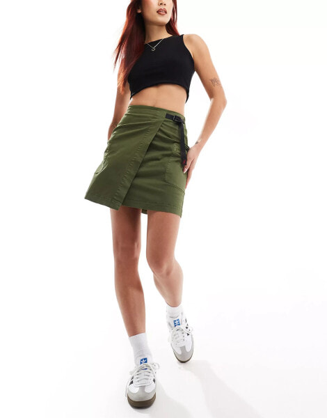 Gramicci cotton twill wrap detail cargo mini skirt in khaki