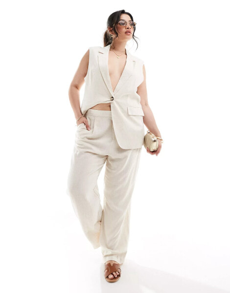 ONLY Curve linen blend straight leg tailored trouser co-ord in cream