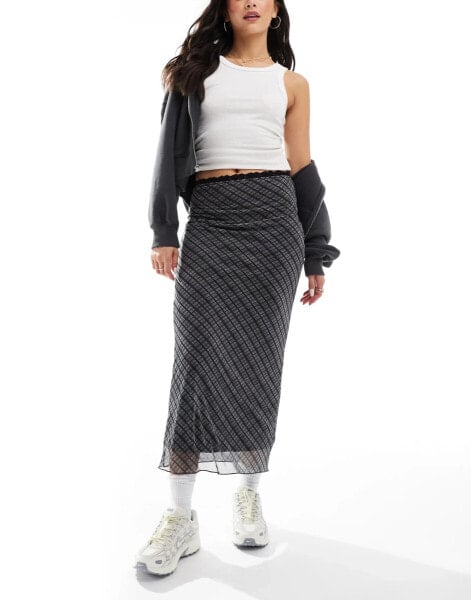 Pull&Bear lace trim mesh maxi skirt in blue check