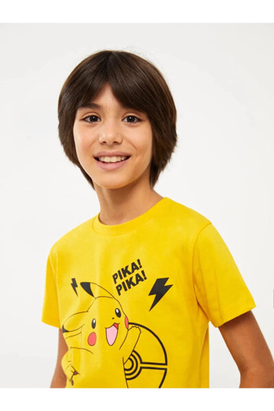 Bisiklet Yaka Pikachu Baskılı Kısa Kollu Erkek Çocuk Tişört