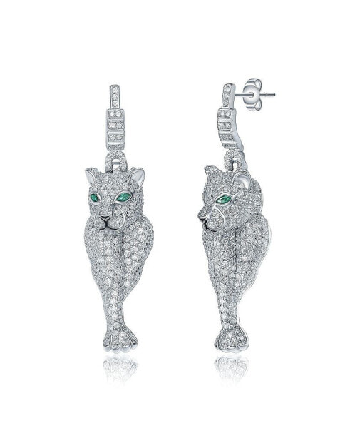 White Gold Plated with Emerald Eyes & Cubic Zirconia Panther Dangle Earrings in Sterling SIlver