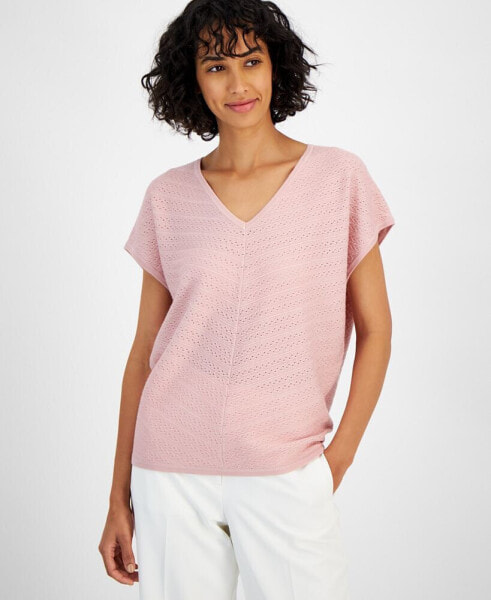 Women's V-Neck Pointelle Cap-Sleeve Sweater