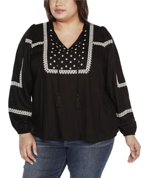 Black Label Plus Size Embroidered Blouson Tie Neck Top