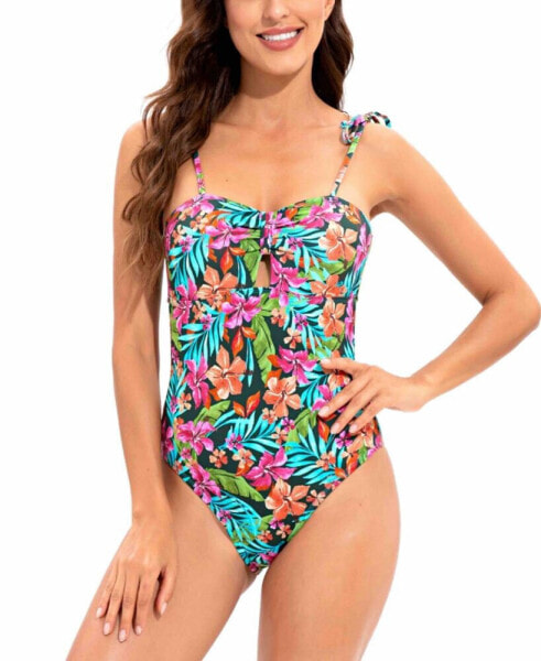 Women's Floral-Print Vibrant Tie-Shoulder Keyhole One-Piece Swimsuit