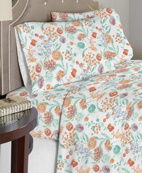 Luxury Weight Peach Bliss Printed Cotton Flannel Sheet Set, Queen