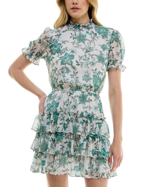 Juniors' Printed Puff-Sleeve Fit & Flare Dress