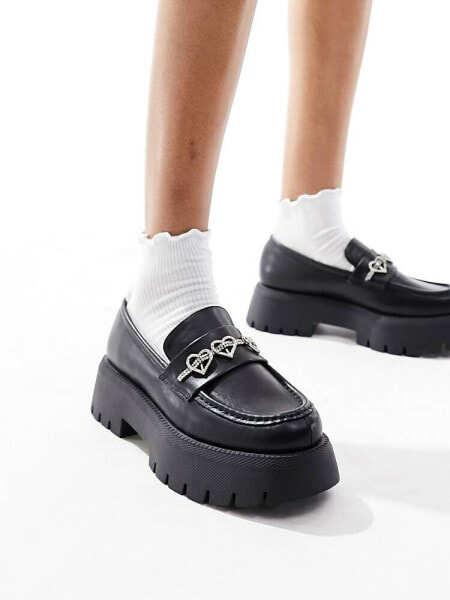 Daisy Street chunky loafers with heart chain in black