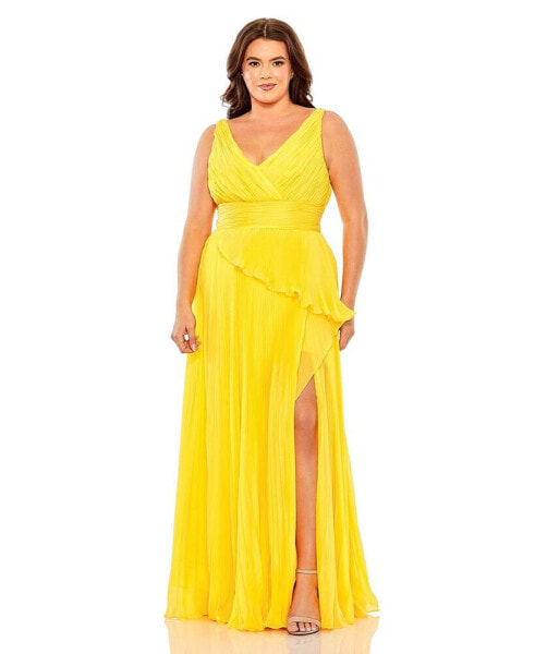 Women's Plus Size Chiffon Pleated V-Neck Ruffle Gown