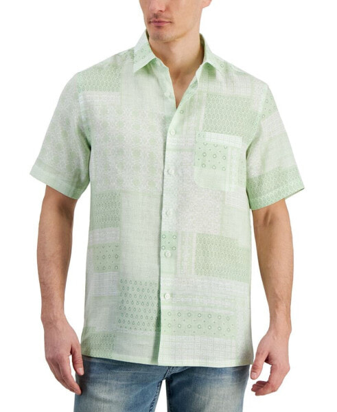 Men's Patchwork Geo-Print Short-Sleeve Linen Shirt, Created for Macy's
