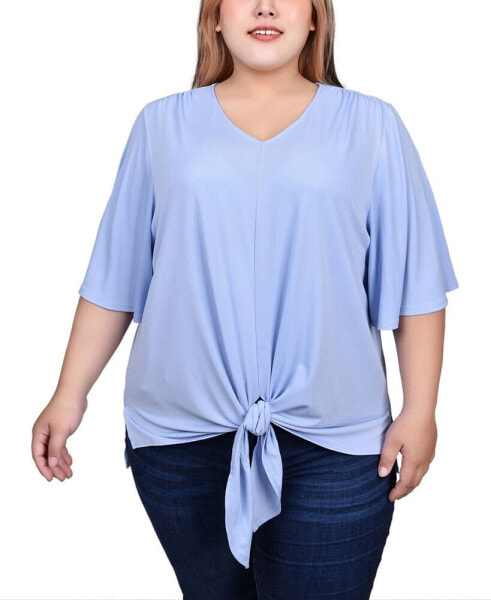 Plus Size Elbow Sleeve Tie-Front Top