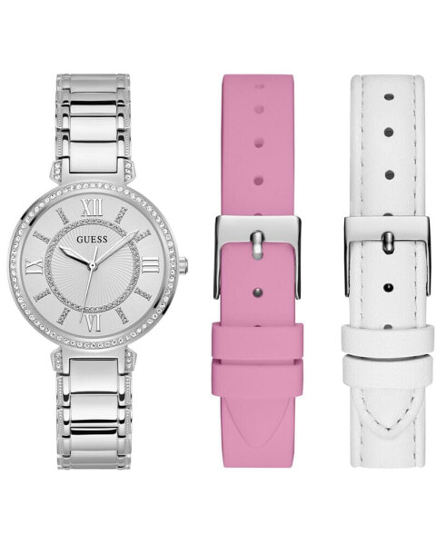 Women's Analog Silver-Tone Stainless Steel Watch with Pink, White Suede and Leather Strap Gift Set 36mm