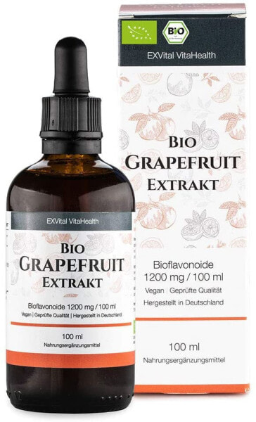EXVital Organic Grapefruit Seed Extract, 1200 mg Bioflavonoids per 100ml Laboratory tested and certified organic. 2600 mg grapefruit extract from core and shell. High dose and vegan. ApoTest result: “Very Good”.