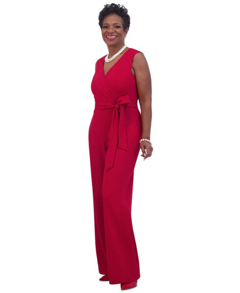 Women's Surplice-Neck Sleeveless Tie-Waist Jumpsuit