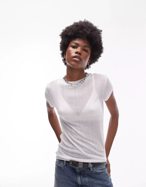 Topshop premium rib sheer longline tee in white