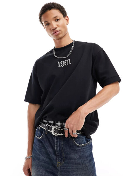 Pull&Bear – T-Shirt in Schwarz mit „1991“-Print