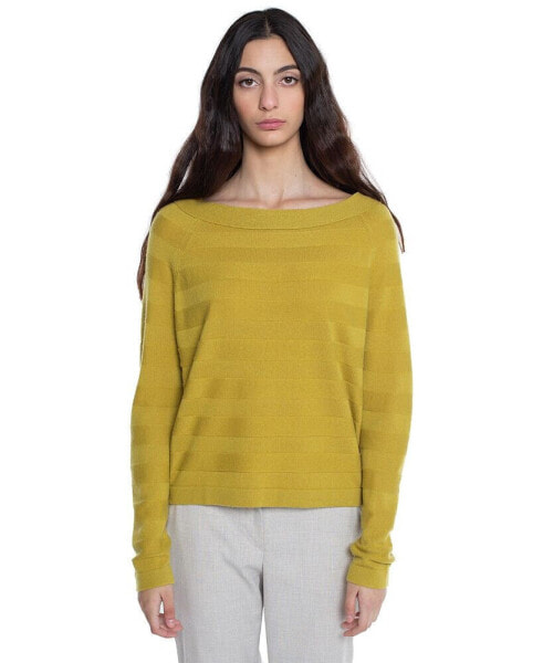 Women's 100% Pure Cashmere Horizontal Rib Boatneck Raglan Sweater