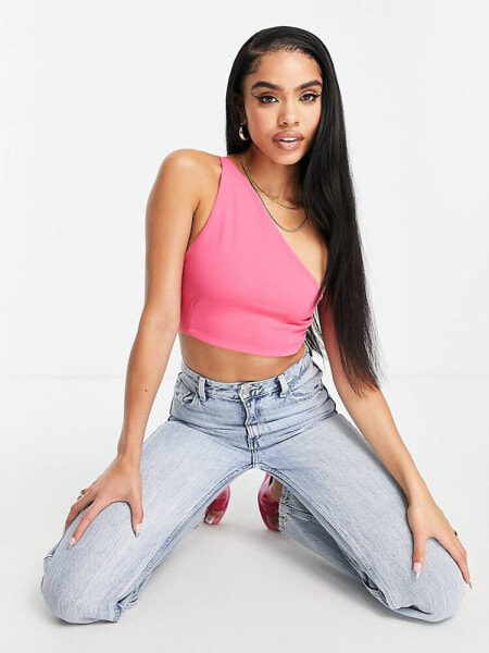 Femme Luxe one shoulder strappy back detail crop top in pink