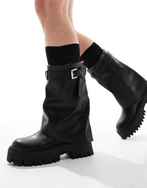 SEQWL chunky fold over boots in black