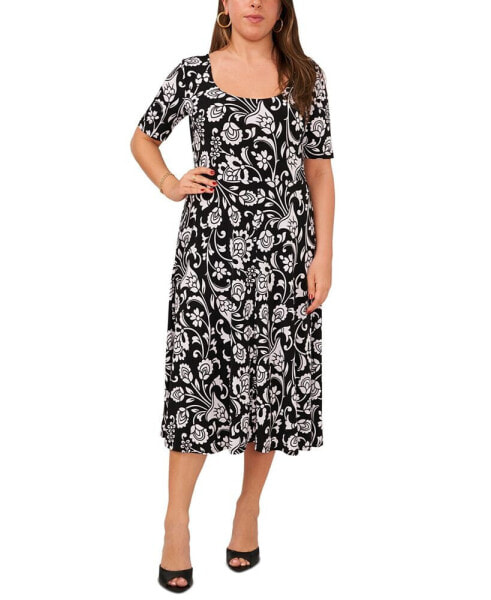 Petite Floral Elbow-Sleeve Pullover Midi Dress