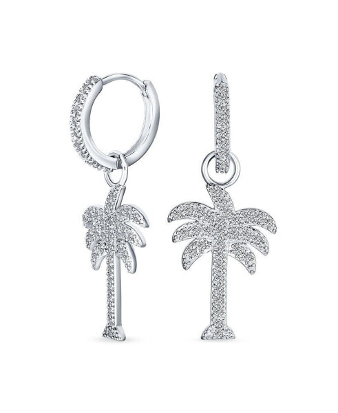 Hawaiian Nautical Pave CZ Cubic Zirconia Huggie Mini Hoop Dangle Charm Palm Tree Earrings For Women Sterling Silver